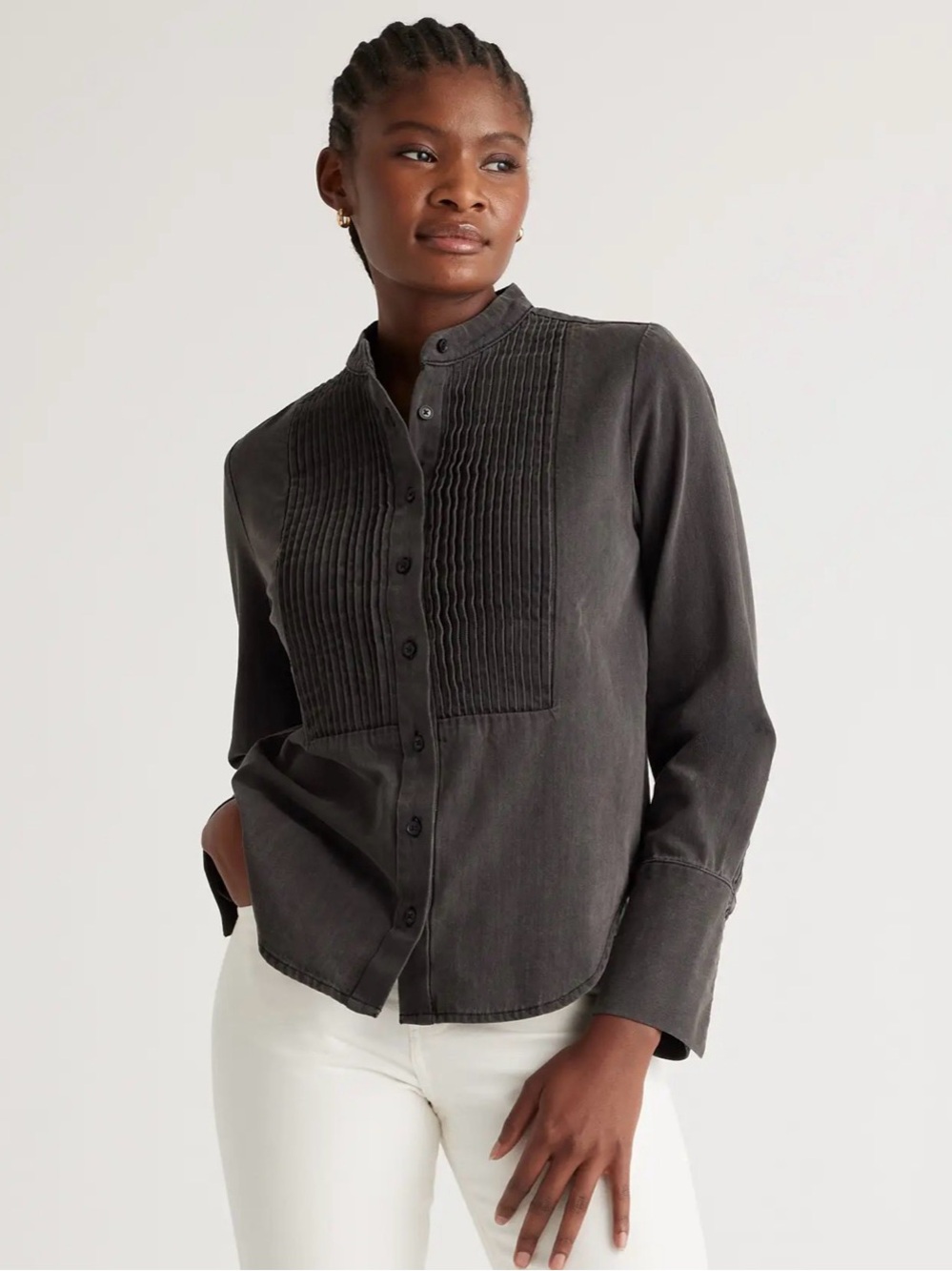 Quince Distressed Denim Tuxedo Shirt Washed Black | Medium